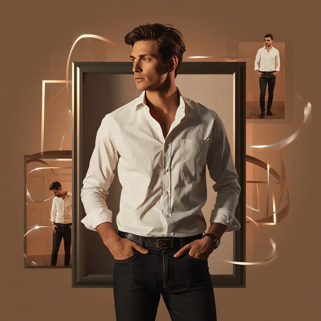 Premium Collage of a Man in Casual Chic with Orbiting Rectangles — AI image prompt