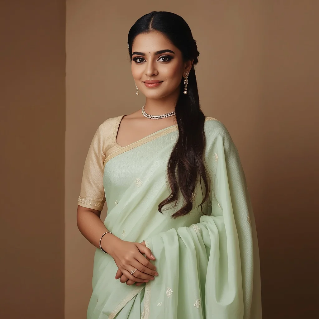 Regal Indian Woman in a Seafoam Green Pastel Saree with Poise — AI image prompt