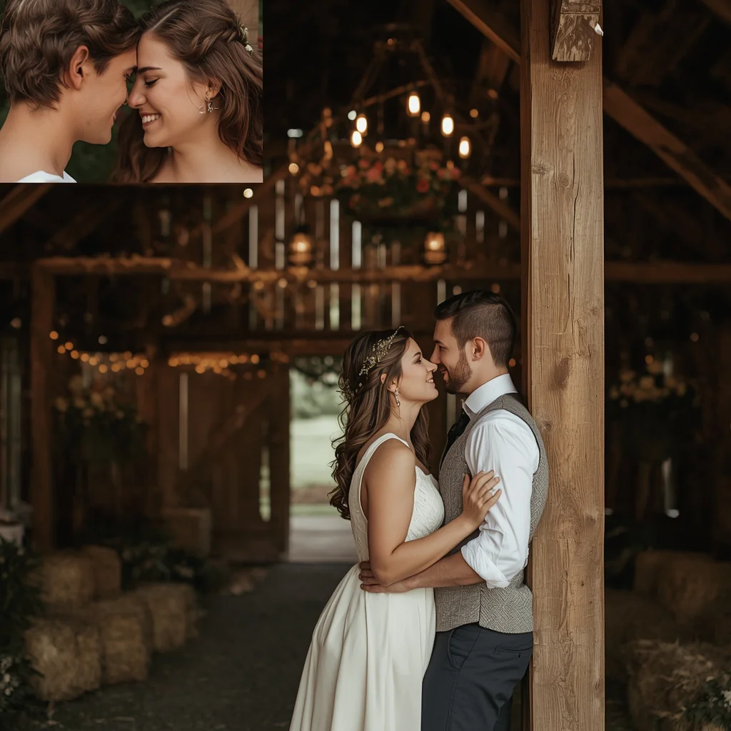 Rustic Barn Wedding with Affectionate Glance — AI image prompt