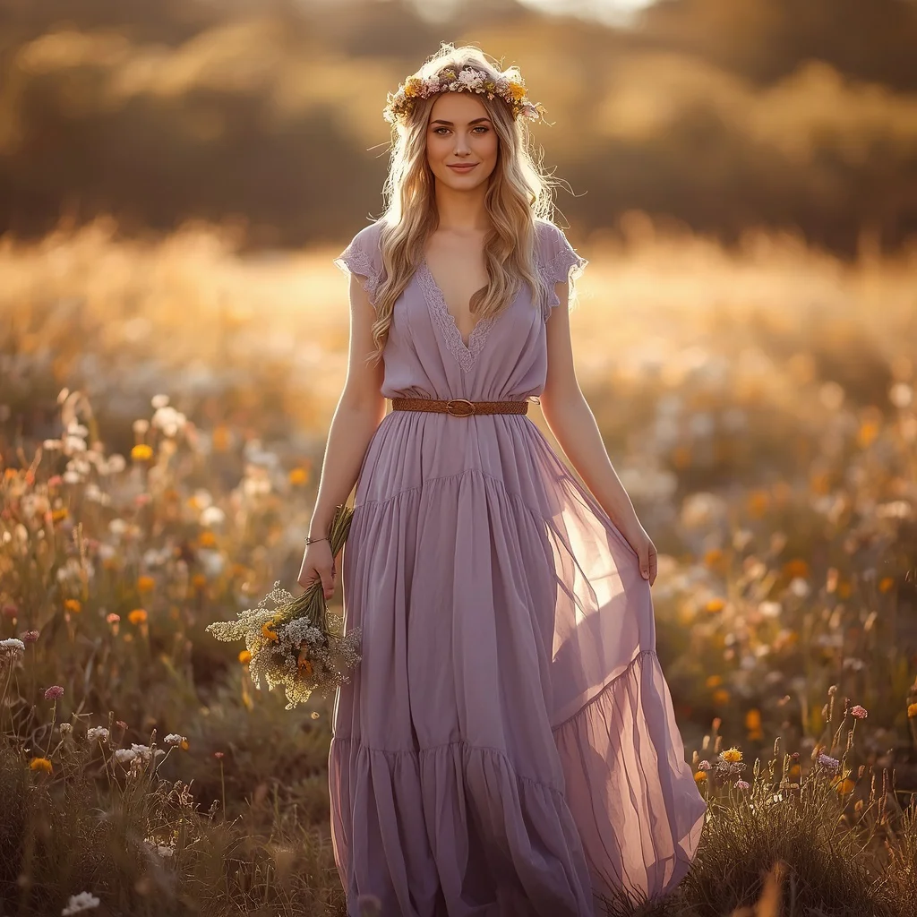Rustic Romance in a Flowy Purple Prairie Dress — AI image prompt
