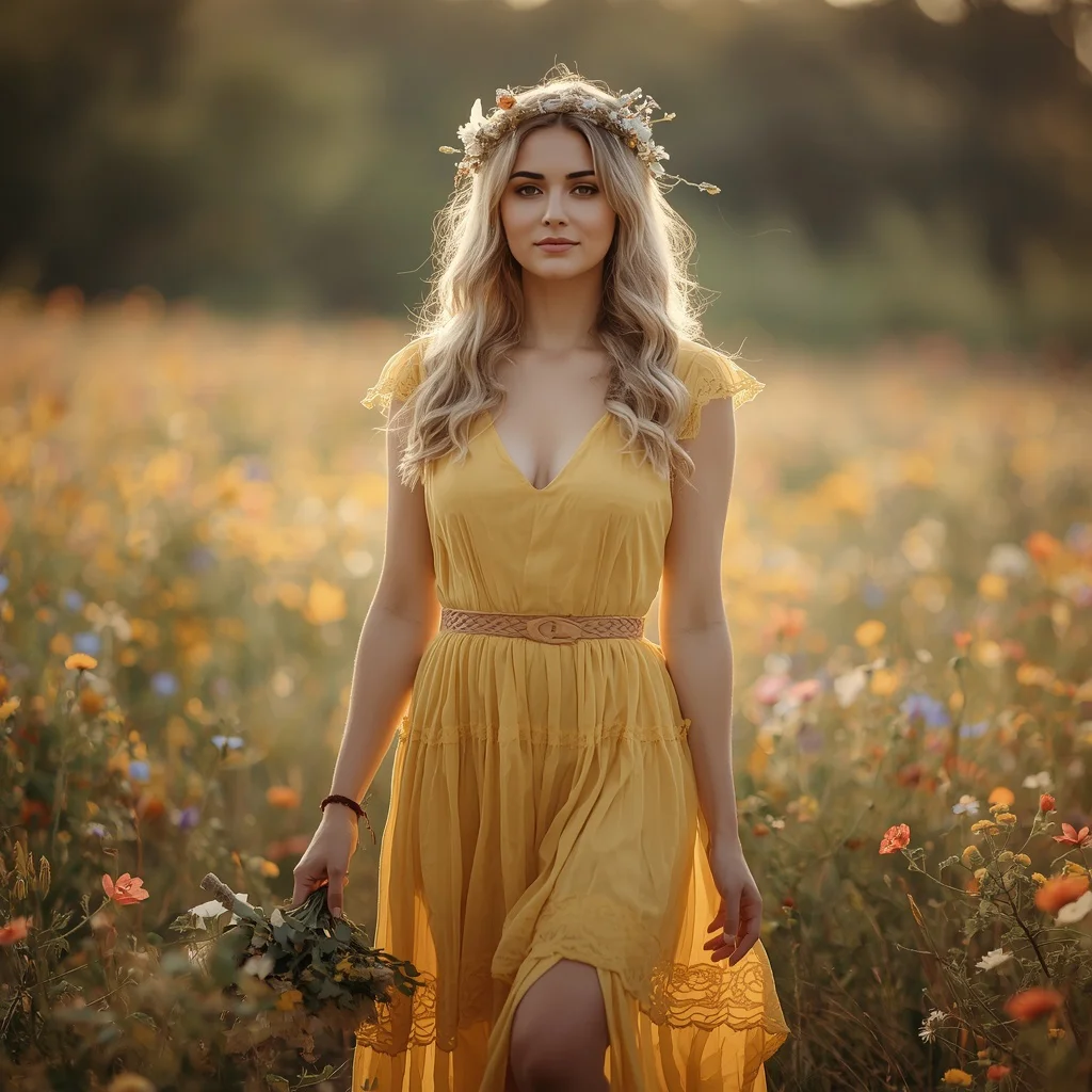 Rustic Romance in a Flowy Yellow Prairie Dress — AI image prompt