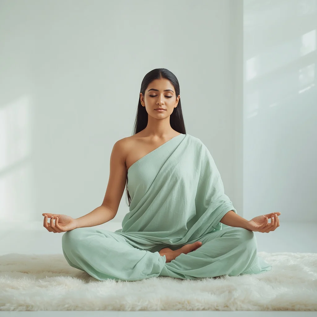 Serene Indian Woman in an Aqua Pastel Saree, Meditatively Posed — AI image prompt