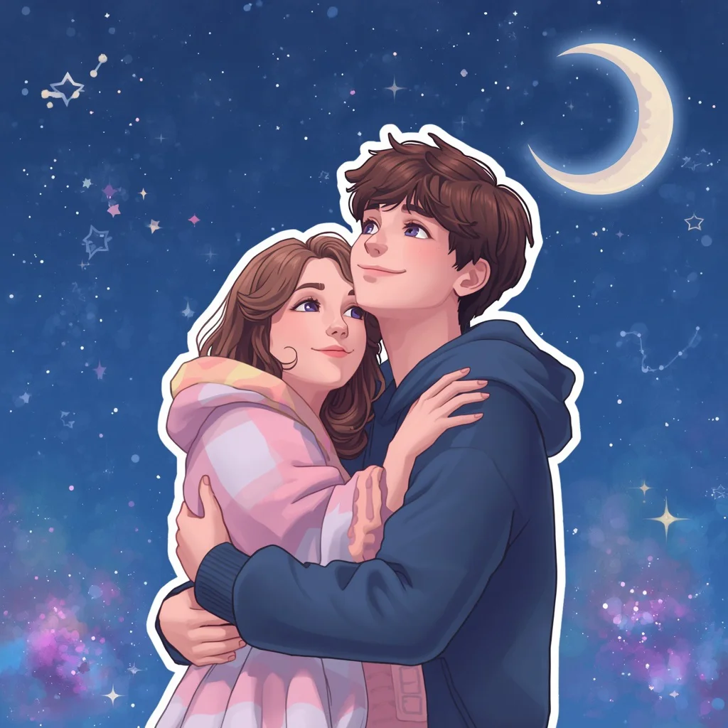 Starry Night Gazing with Pastel Sticker Embrace — AI image prompt