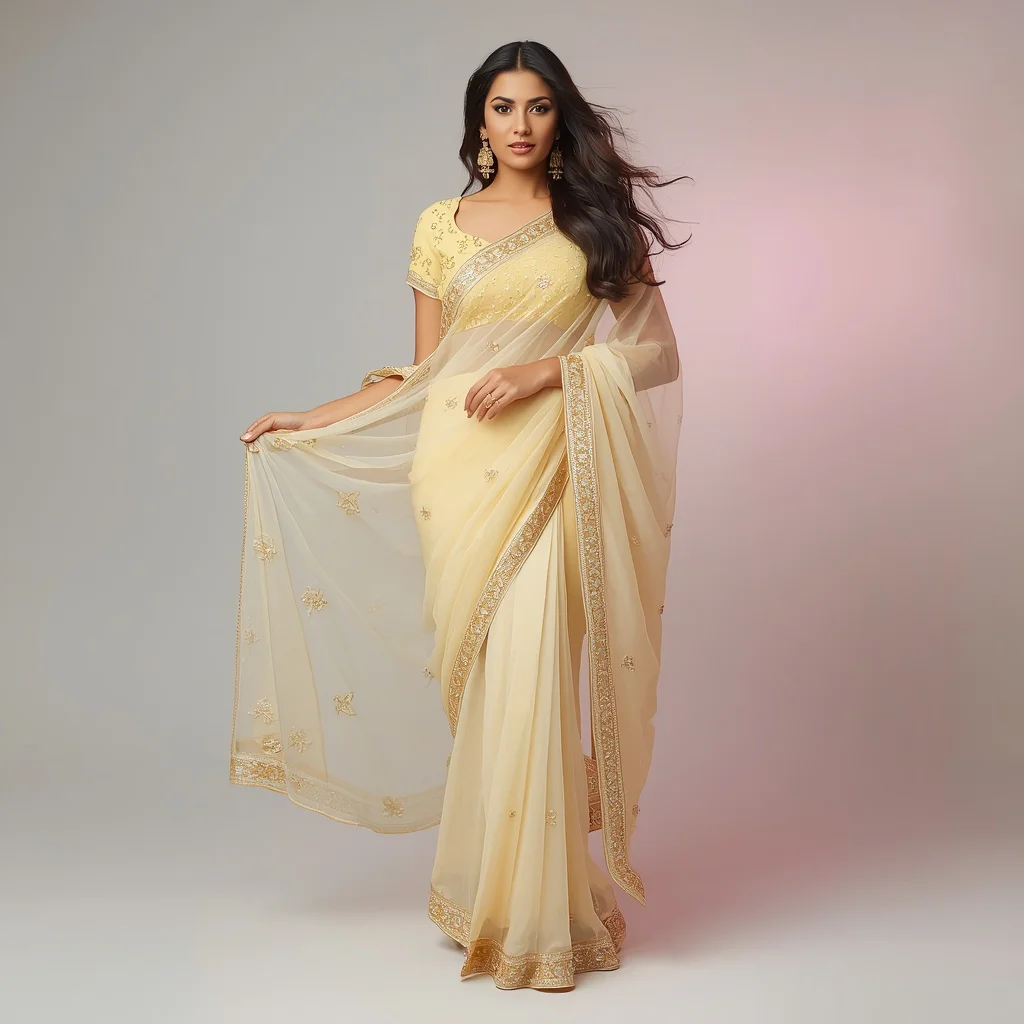Stunning Indian Woman in a Pastel Yellow Designer Saree, Exquisite and Luxurious — AI image prompt