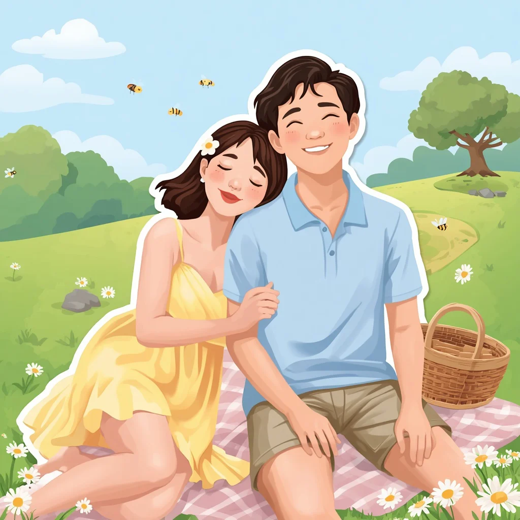Summer Picnic Love in Whimsical Sticker-Art — AI image prompt