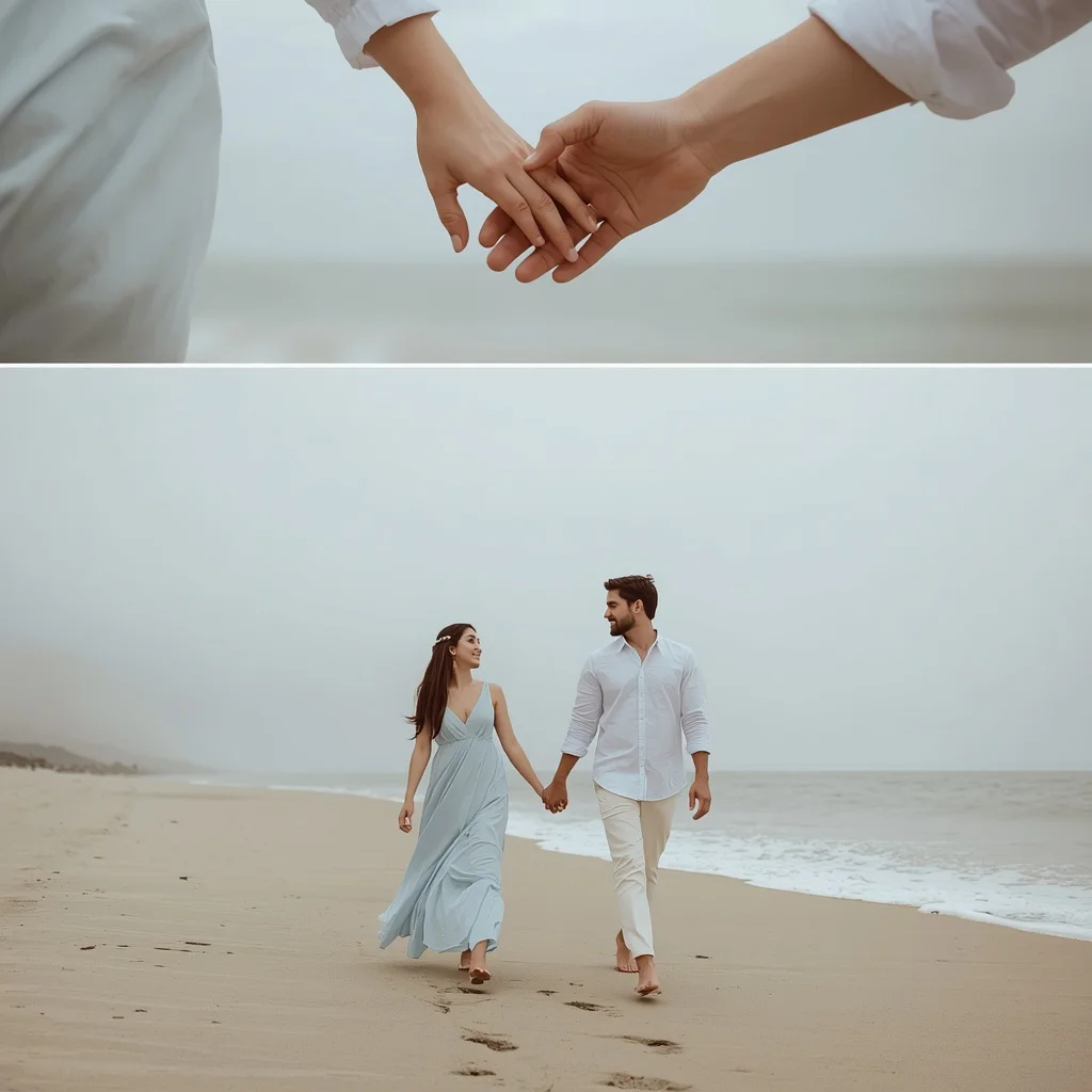Tranquil Beach Wedding Walk with Loving Gazes — AI image prompt