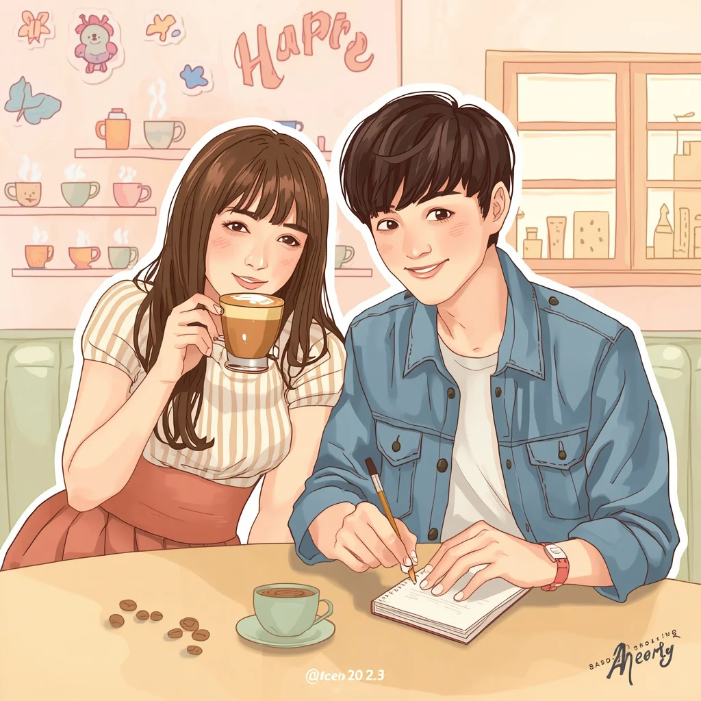 Urban Cafe Romance with Pastel Sticker Charm — AI image prompt