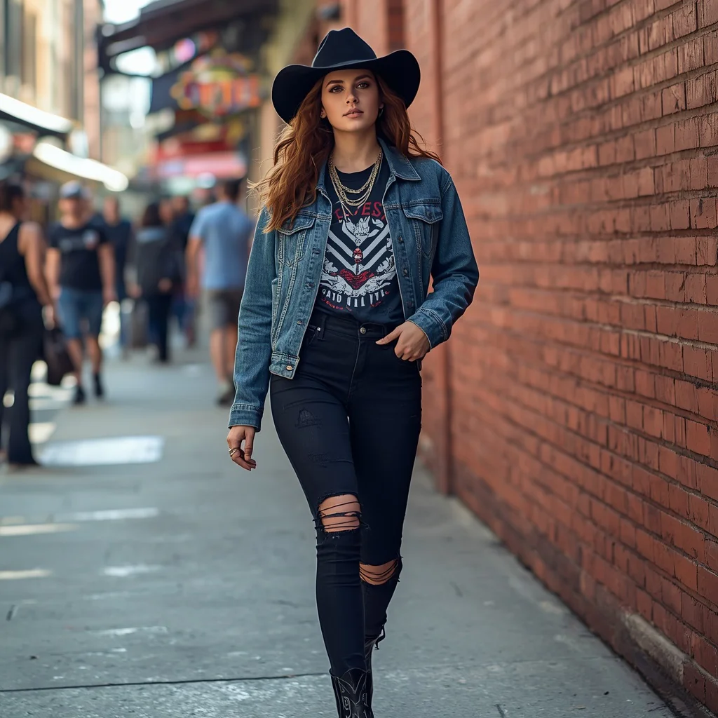 Urban Cowgirl with a Denim Jacket and Graphic Tee — AI image prompt