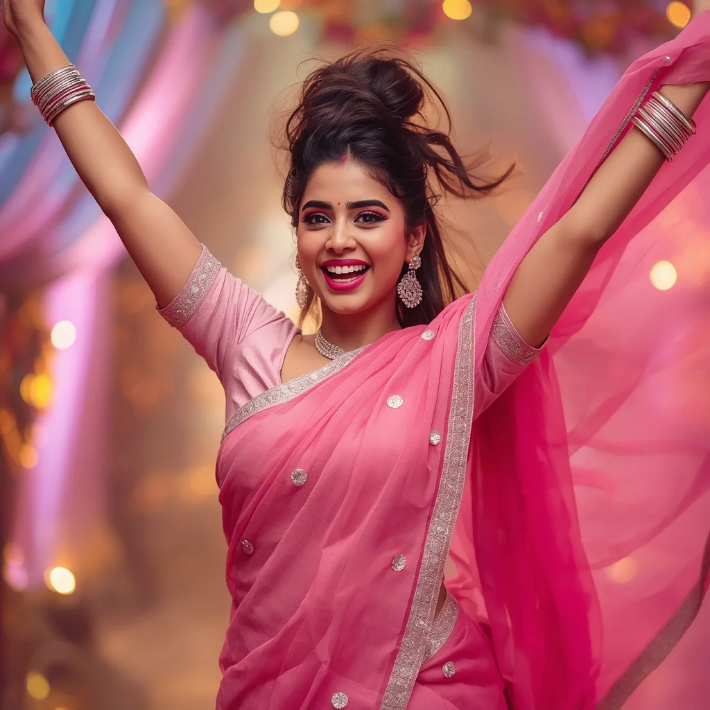 Vibrant Indian Woman in a Magenta Pastel Saree, Celebrating with Enthusiasm — AI image prompt