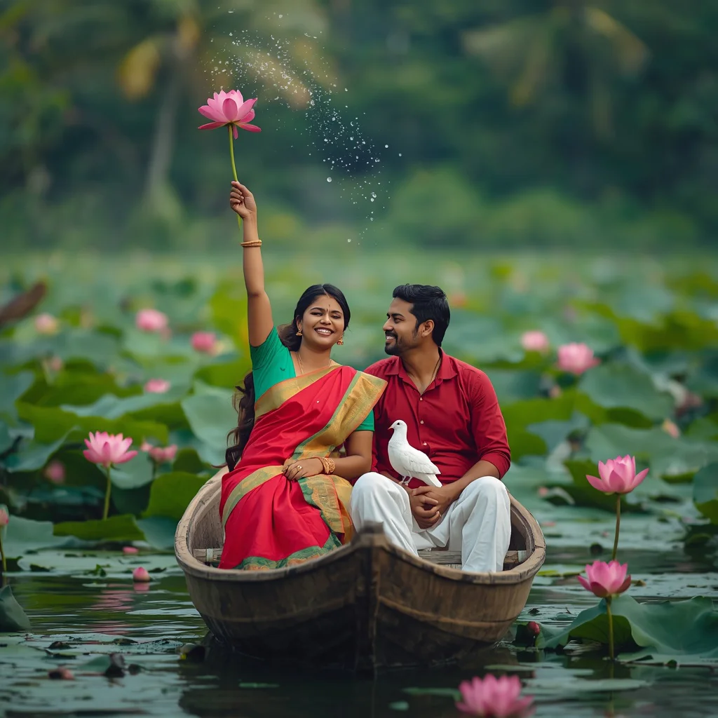 Vibrant Romantic Couple in a Boat on a Lotus Pond — AI image prompt