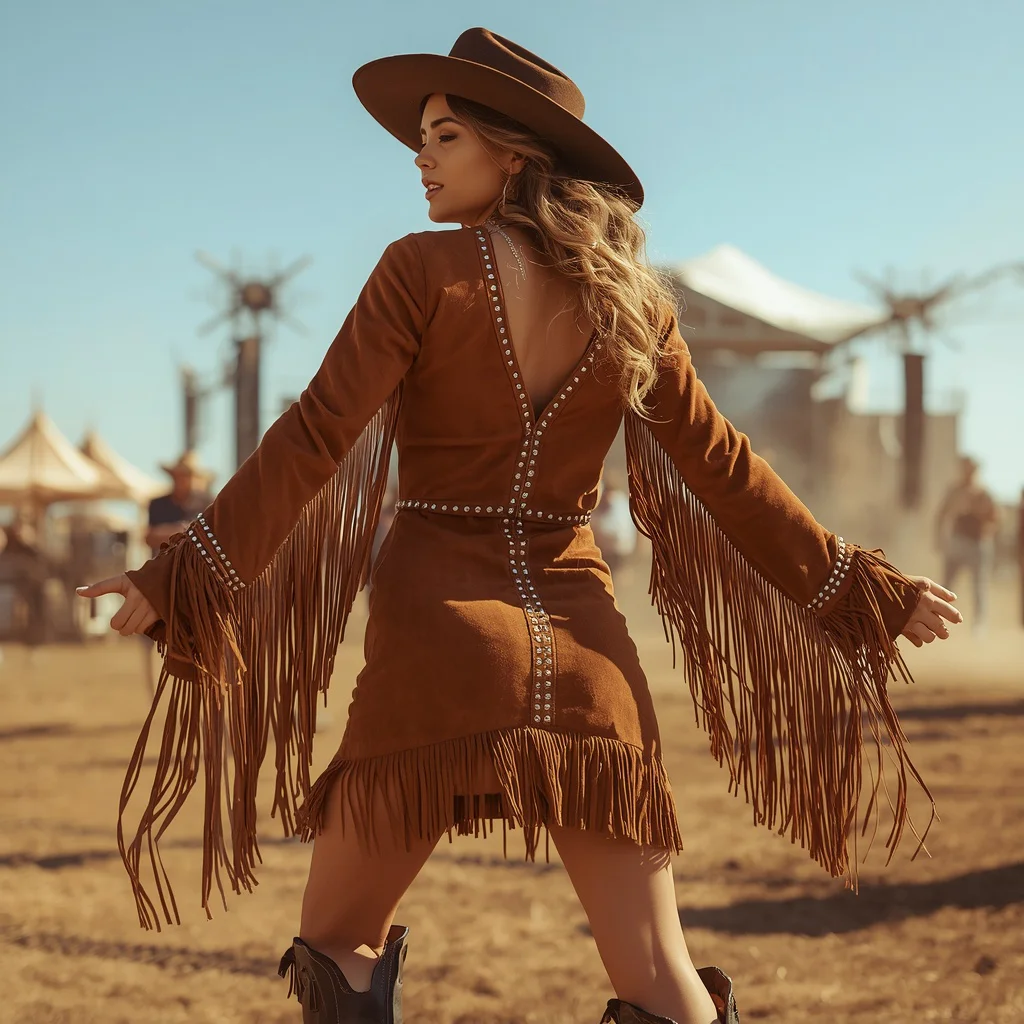 Western Chic Suede Fringe Dress for a Country Music Festival — AI image prompt